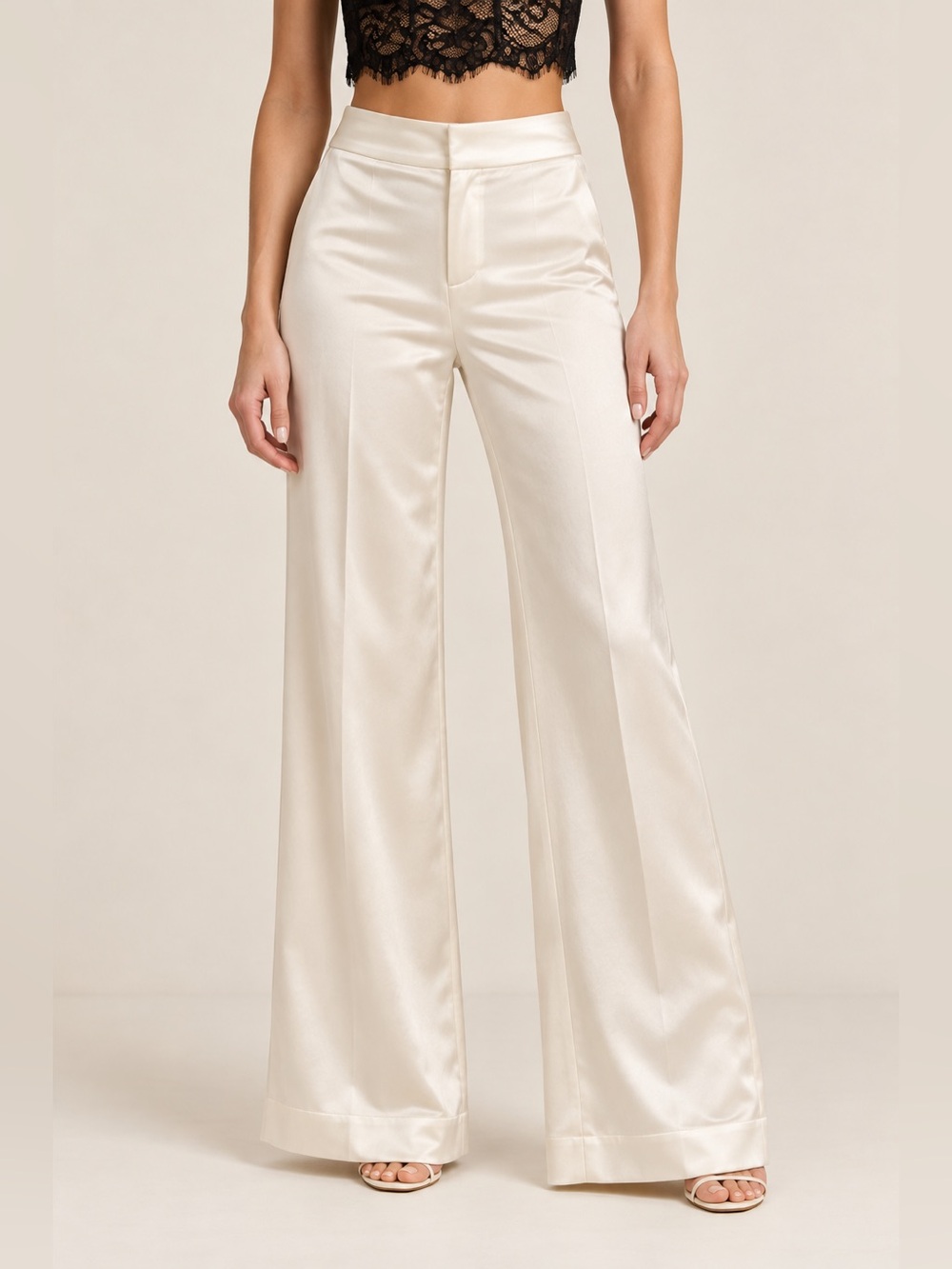 Alice + Olivia Dylan Satin Wide Leg Pants Ivory Size 6